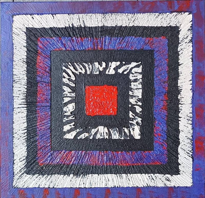 Coeur de cible carrée, une toile chargée de résine créée pour une expo à Baillargues